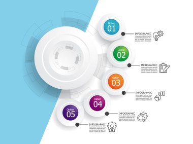 Yatay yuvarlak daire basamakları zaman çizgisi bilgi elemanı arkaplanı iş çizgisi simgesi ile herhangi bir işle ilgili sunum veya yayın vektörü illüstrasyonu için 5 adım