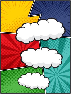Çizgi roman tasarımları, posterleri ve grafik projeleri için mükemmel beyaz bulutlardaki komik konuşma baloncuklarının vektör çizimi yarım ton desenleri ve baloncuk şekilleri