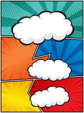 Çizgi roman tasarımları, posterleri ve grafik projeleri için mükemmel beyaz bulutlardaki komik konuşma baloncuklarının vektör çizimi yarım ton desenleri ve baloncuk şekilleri