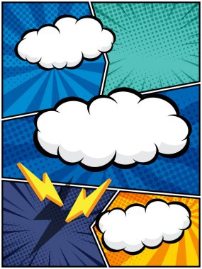 Çizgi roman tasarımları, posterleri ve grafik projeleri için mükemmel beyaz bulutlardaki komik konuşma baloncuklarının vektör çizimi yarım ton desenleri ve baloncuk şekilleri