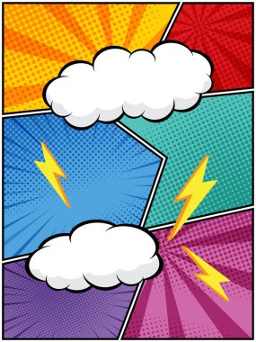 Çizgi roman tasarımları, posterleri ve grafik projeleri için mükemmel beyaz bulutlardaki komik konuşma baloncuklarının vektör çizimi yarım ton desenleri ve baloncuk şekilleri