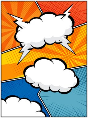 Çizgi roman tasarımları, posterleri ve grafik projeleri için mükemmel beyaz bulutlardaki komik konuşma baloncuklarının vektör çizimi yarım ton desenleri ve baloncuk şekilleri