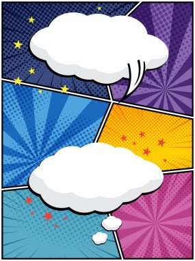 Çizgi roman tasarımları, posterleri ve grafik projeleri için mükemmel beyaz bulutlardaki komik konuşma baloncuklarının vektör çizimi yarım ton desenleri ve baloncuk şekilli baloncuk şeklinde.