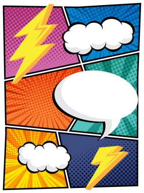 Çizgi roman tasarımları, posterleri ve grafik projeleri için mükemmel beyaz bulutlardaki komik konuşma baloncuklarının vektör çizimi yarım ton desenleri ve baloncuk şekilleri