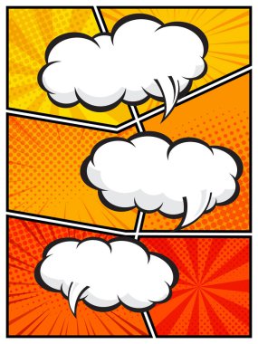 Çizgi roman tasarımları, posterleri ve grafik projeleri için mükemmel beyaz bulutlarda beyaz konuşma baloncukları ve canlı pop sanat arka plan vektör ilülasyonu.