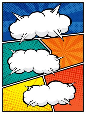 Çizgi roman tasarımları, posterleri ve grafik projeleri için mükemmel beyaz bulutlarda beyaz konuşma baloncukları ve canlı pop sanat arka plan vektör ilülasyonu.