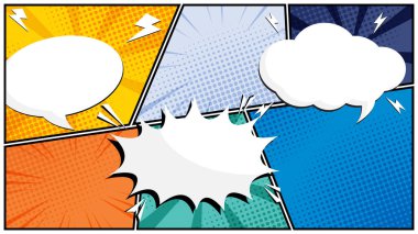 Çizgi roman tasarımları, posterleri ve grafik projeleri için mükemmel olan canlı bir pop art arkaplan çizimi üzerinde beyaz bulutlarda yatay komedi konuşma kabarcıkları, yarım ton desenleri ve kabarcık şekilleri barındırır.