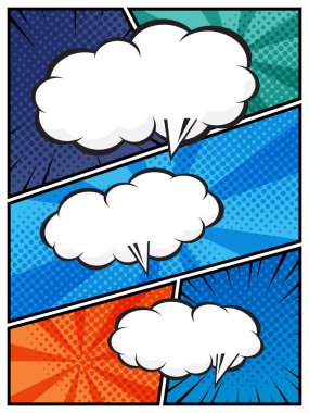 Çizgi roman tasarımları, posterleri ve grafik projeleri için mükemmel olan canlı pop sanat arka plan düz tasarım vektör ilülasyonu üzerinde beyaz bulutlardaki çizgi roman konuşma kabarcıkları yarım ton desenleri ve balon şekilleri yer almaktadır.