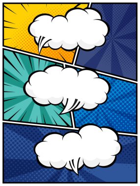 Çizgi roman tasarımları, posterleri ve grafik projeleri için mükemmel olan canlı pop sanat arka plan düz tasarım vektör ilülasyonu üzerinde beyaz bulutlardaki çizgi roman konuşma kabarcıkları yarım ton desenleri ve balon şekilleri yer almaktadır.