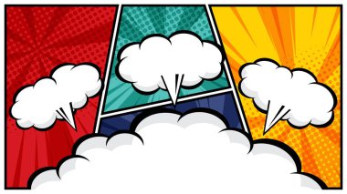 Canlı bir pop art arkaplan düz tasarım vektör çizimi üzerinde beyaz bulutlu yatay komedi konuşma balonu çizgi roman tasarımları, posterleri ve grafik projeleri için mükemmel, yarım ton desenleri ve balon şekilleri içeren