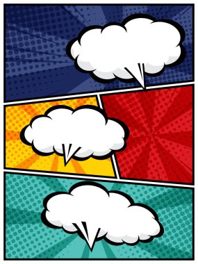 Çizgi roman tasarımları, posterleri ve grafik projeleri için mükemmel olan canlı bir pop sanat arka plan düz tasarım vektör çizimi üzerinde beyaz bulutlu dikey komedi konuşma balonu, yarım ton desenleri ve balon şekilleri yer almaktadır.