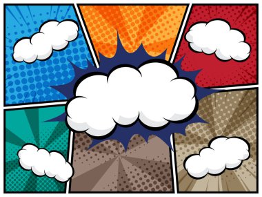 Çizgi roman tasarımları, posterleri ve grafik projeleri için mükemmel olan canlı bir pop art arkaplan düz tasarım vektör çizimi üzerinde beyaz bulutlu çizgi roman konuşma balonu, yarım ton desenleri ve balon şekilleri yer almaktadır.