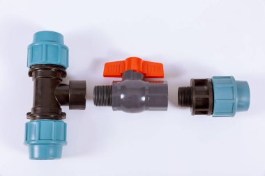Many PVC plastic solenoid drain valve for connecting the supply water with isolated on white background