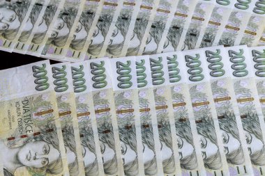 Crown 'lar arka arkaya 2000' lik banknotlarla dizildi. Bir Avrupa ülkesinin parası, krediler ve mevduatlar.