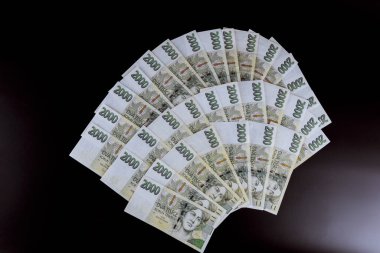 İki bin dolarlık taçlar siyah arka planda serilmiştir. Satın alma ve satma. Avrupa parası.