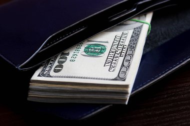 Bir cüzdanda yığınla dolar, yakın çekim. Mali iş, rüşvet, yolsuzluk, maaş, kazanç, ikramiye ve tasarruf kavramı.