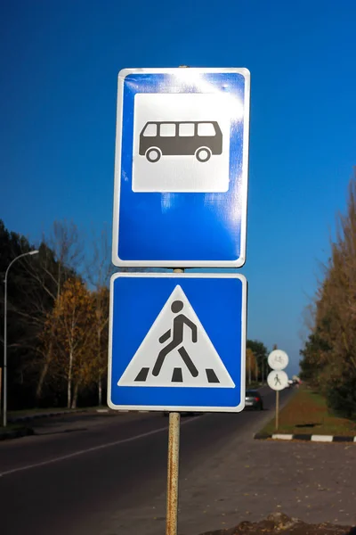 International road signs 'Bus stop' 'Pedestrian crossing'