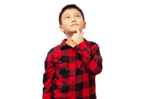 Kind Denkt Und Schaut Mit Dem Finger Kinn Auf Trägt — Stockfoto