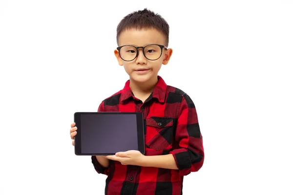 Kid Holding Tablet Present Wearing Eyeglasses Red Shirt Isolated White — Foto Stock