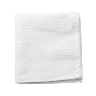 Beyaz yumuşak havlu, beyaz arkaplanda izole edilmiş, üst görünümde