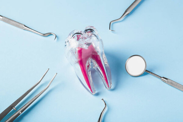 Tooth and dentist tools, dental treatment on blue background