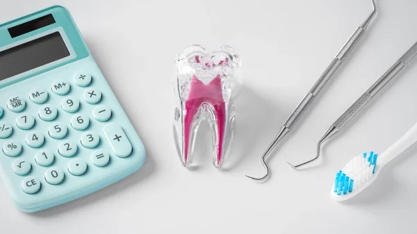 stock image Tooth with blue calculator and dental tools on light grey background