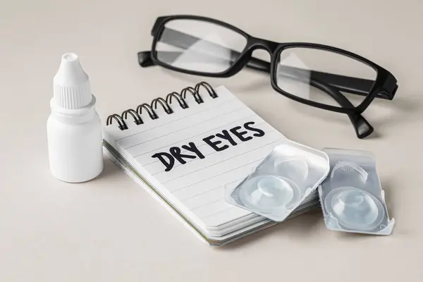 Dry eyes concept with contact lens, eye drops and eyeglasses on beige background