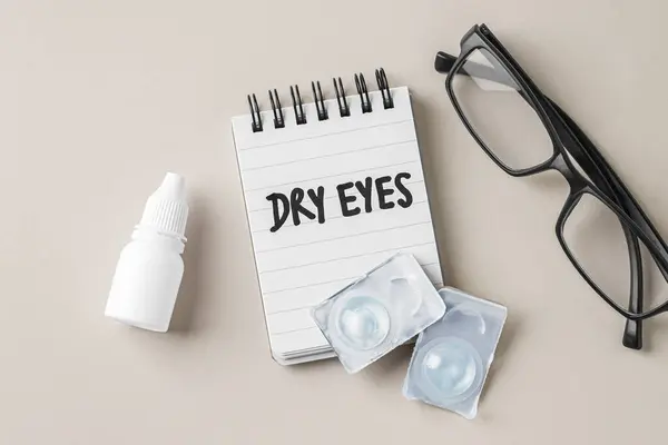 Dry eyes concept with contact lens, eye drop bottle and eyeglasses on beige background, top view