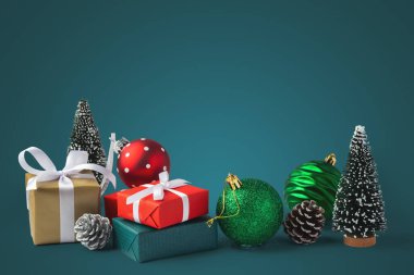 Noel arkaplanı, içinde noel balosu ve yeşil arka planda dekor olan hediye kutuları, kopyalama alanı