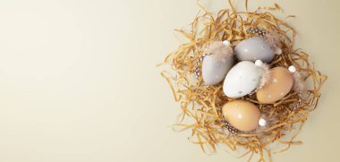 Paskalya tatili arka planı, tüylü paskalya yumurtaları altın parıltılı kağıt, üst görünüm, kopyalama alanı