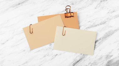 Kartvizit, kahverengi toprak rengi bakır cilt klipsi, beyaz mermer masa arkaplanı modeli