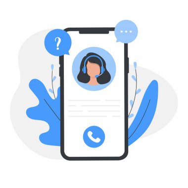 Müşteri hizmetleri, kulaklıklı operatör kadın ve simgeler etrafında mikrofon destek elemanları. Merkezi ara. Kişisel asistan servisi. Düz vektör illüstrasyonu