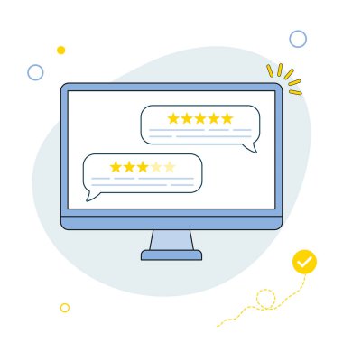 Müşteri değerlendirmeleri. Kullanıcı bilgisayarda baloncukları inceler. Geribildirim, deneyim konsepti. Yıldız reytingleri ile çevrimiçi gözden geçirme bildirimleri. Düz stil. Vektör