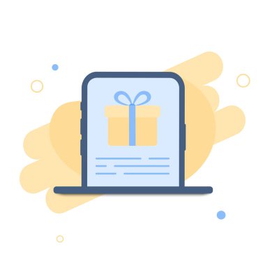 Ekranda hediye kutusu olan akıllı telefon. Hediye devrede. İnternetten kazan. Çevrimiçi hediye dağıtımı, kutlama, parti konsepti. Noel, doğum günü, bayram kutlaması. Vektör illüstrasyonu