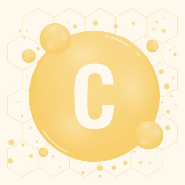 Vitamin C gold shining pill capcule icon. Vitamin complex with Chemical formula, ascorbic acid. Shining substance drop. Meds for heath ads. Vitamin vector illustration