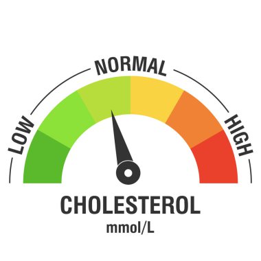 Cholesterol meter, color scale with arrow. Low, normal and high cholesterol level measuring device. Medicine and health. Vector