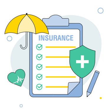 Health insurance concept. Big clipboard with document on it under the umbrella. Healthcare, finance and medical service. Isolated vector illustration in cartoon flat style