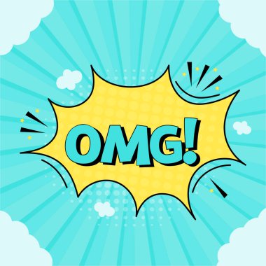 Comic speech bubble with expression text omg. Vector bright dynamic cartoon illustration in retro pop art style isolated on blue background. Vector bright illustration