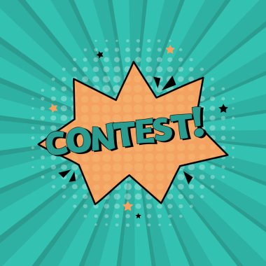 Comic speech bubble with expression text contest. Vector bright dynamic cartoon illustration in retro pop art style isolated on green background. Vector bright illustration