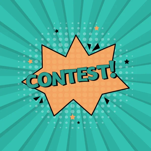 Comic speech bubble with expression text contest. Vector bright dynamic cartoon illustration in retro pop art style isolated on green background. Vector bright illustration