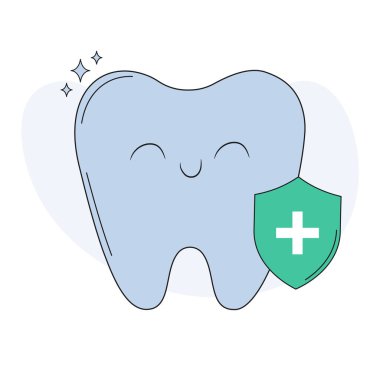 Diş bakımı ikonu. Diş kalkanı diş koruması. Sağlıklı dişler ve kalkan, antibakteriler ve koruyucu bakteriler. Dişler, sigorta sembolü. Vektör illüstrasyonu