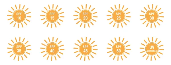 Set Von Flachen Spf Sonnenschutzsymbolen Isoliert Auf Weißem Hintergrund Symbole — Stockvektor