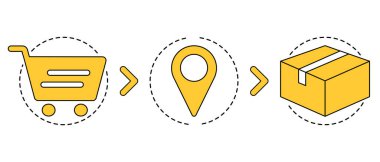 Konsept vektörünü tıkla ve topla. İnternetten alışveriş. Alışveriş, mağaza seçmek, malları toplamak. Vektör illüstrasyonu