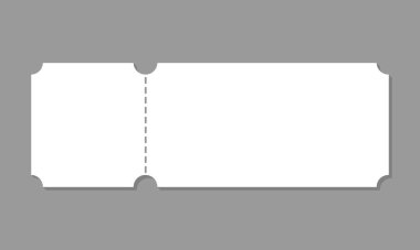 Gri arka planda beyaz boş bilet modeli gerçekçi vektör şablonu izole edildi. Sinema, tiyatro, konser ve bilet. İndirim ve satış kuponu. Vektör illüstrasyonu