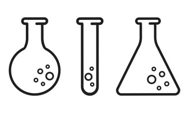 Laboratuvar malzemeleri. Laboratuvar test tüpü vektörü. Matara ikonu. Erlenmeyer kimya biberonlu kimya şişesi. Vektör satırı illüstrasyonu