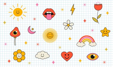 Havalı hippi 70 'ler seti. Komik karikatür çiçeği, gökkuşağı, aşk, kalp, papatya, mantar vs. Moda modası geçmiş psikedelik çizgi film tarzında etiket paketi. Vektör illüstrasyonu.