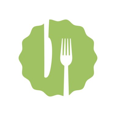 Yemek konseptini temsil eden çatal ve bıçaklı yeşil amblem. Vektör illüstrasyonu.