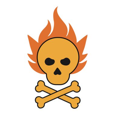 Canlı turuncu ve siyah desenli çapraz kemikleri olan alevli bir kafatası. Vektör illüstrasyonu.