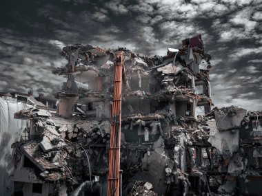 Building House Demolition site Excavator with hydraulic crasher machine. Front view