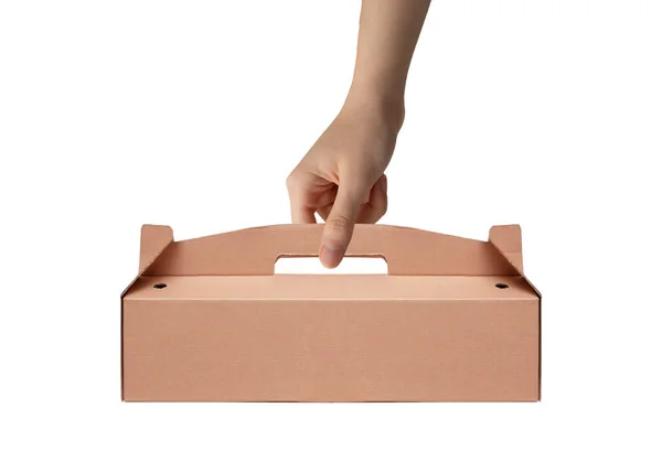 Ruční Držení Karton Odnést Jídlo Box Izolovaném Bílém Pozadí — Stock fotografie